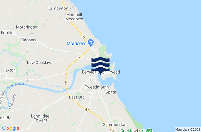 Mapa da tábua de marés em Berwick-Upon-Tweed, United Kingdom