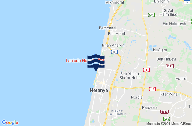 Mapa da tábua de marés em Bet Yiẕẖaq, Israel