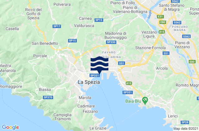 Mapa da tábua de marés em Beverino, Italy