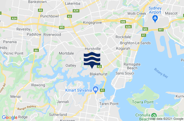 Mapa da tábua de marés em Bexley, Australia