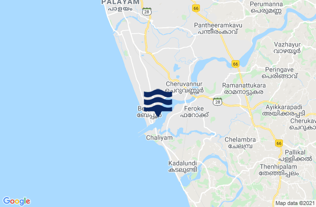 Mapa da tábua de marés em Beypore, India