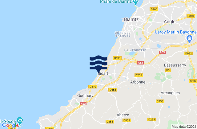 Mapa da tábua de marés em Bidart, France