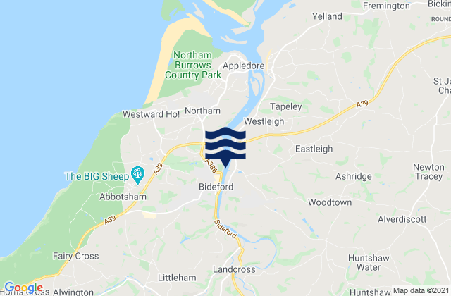Mapa da tábua de marés em Bideford, United Kingdom