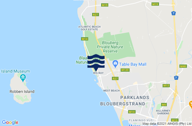 Mapa da tábua de marés em Big Bay, South Africa