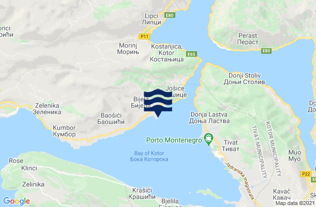 Mapa da tábua de marés em Bijela, Montenegro