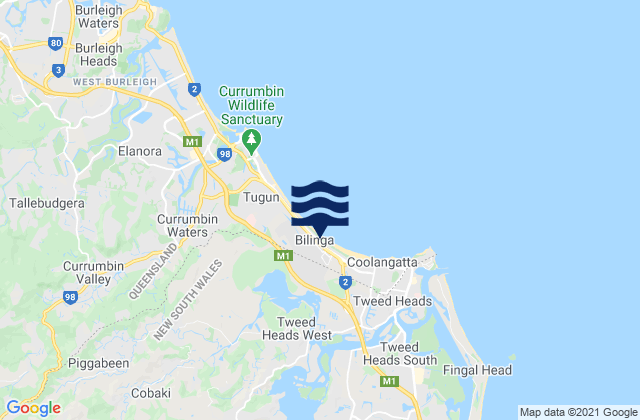 Mapa da tábua de marés em Bilambil, Australia