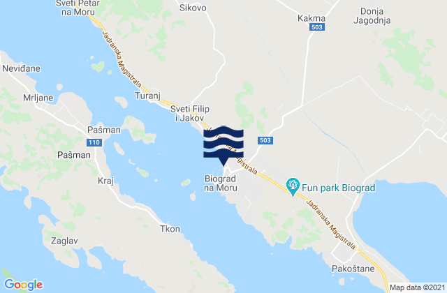 Mapa da tábua de marés em Biograd na Moru, Croatia