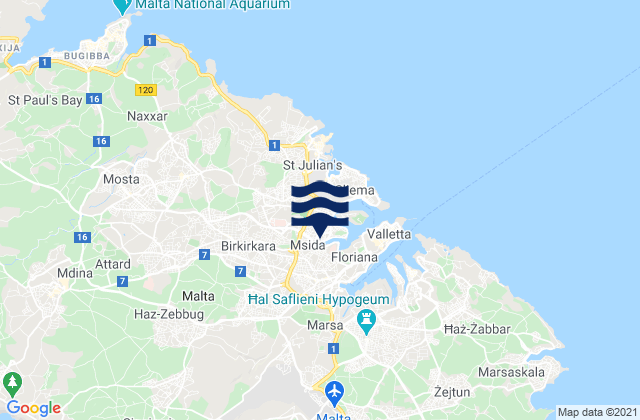 Mapa da tábua de marés em Birkirkara, Malta