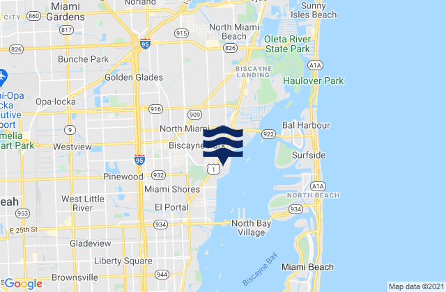 Mapa da tábua de marés em Biscayne Park, United States