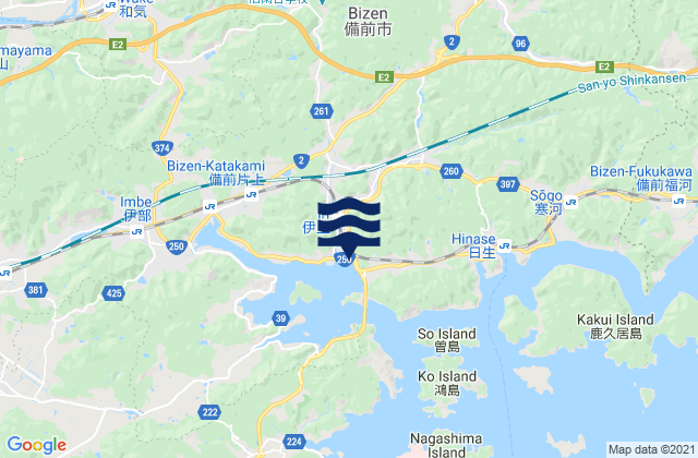 Mapa da tábua de marés em Bizen Shi, Japan