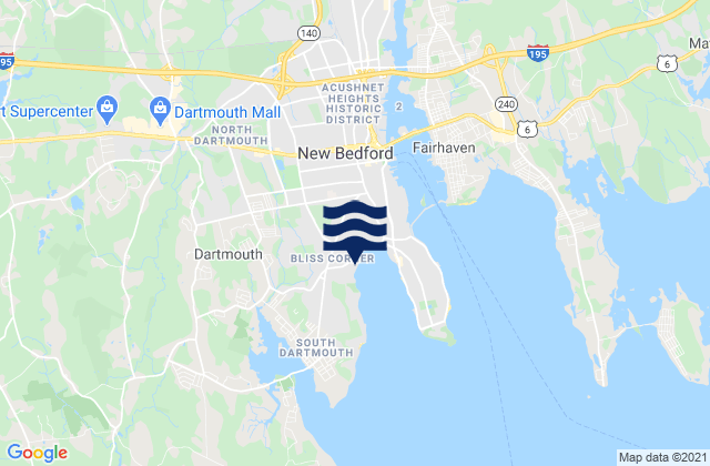 Mapa da tábua de marés em Bliss Corner, United States