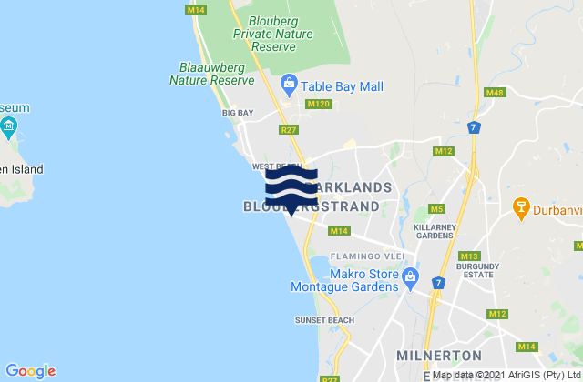 Mapa da tábua de marés em Bloubergstrand, South Africa