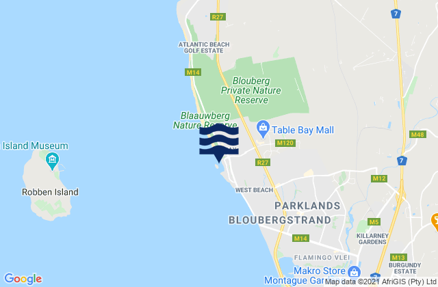 Mapa da tábua de marés em Bloubergstrand, South Africa