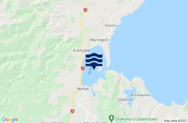 Mapa da tábua de marés em Blueskin Bay, New Zealand