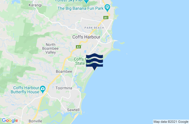 Mapa da tábua de marés em Boambee Beach, Australia