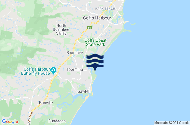 Mapa da tábua de marés em Boambee, Australia