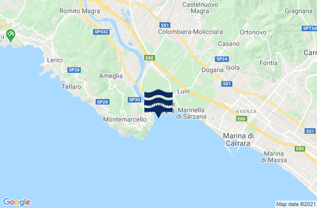 Mapa da tábua de marés em Bocca di Magra, Italy