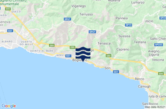 Mapa da tábua de marés em Bogliasco, Italy