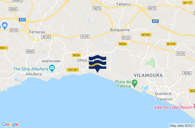 Mapa da tábua de marés em Boliqueime, Portugal