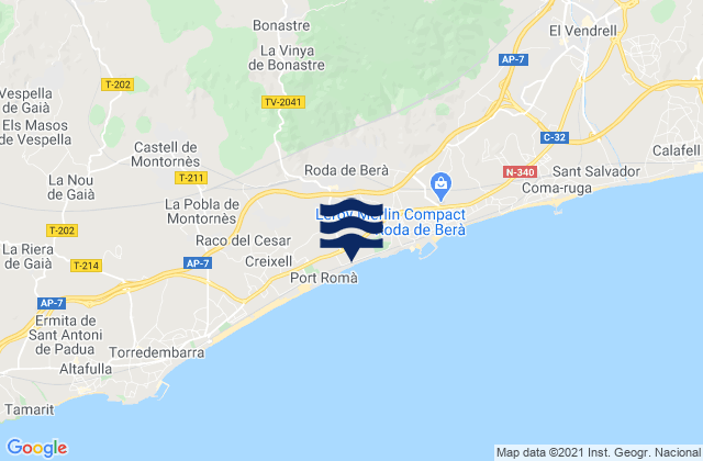 Mapa da tábua de marés em Bonastre, Spain
