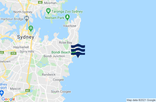 Mapa da tábua de marés em Bondi Beach, Australia