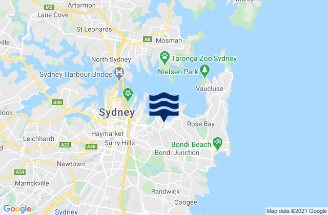 Mapa da tábua de marés em Bondi Junction, Australia