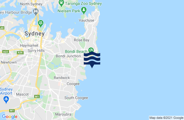 Mapa da tábua de marés em Bondi, Australia