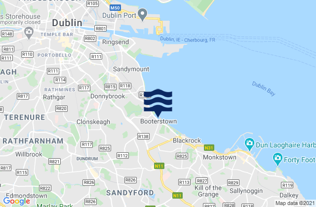 Mapa da tábua de marés em Booterstown, Ireland