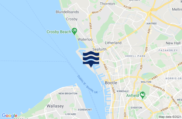 Mapa da tábua de marés em Bootle, United Kingdom