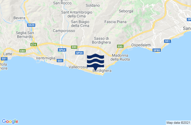 Mapa da tábua de marés em Bordighera, Italy
