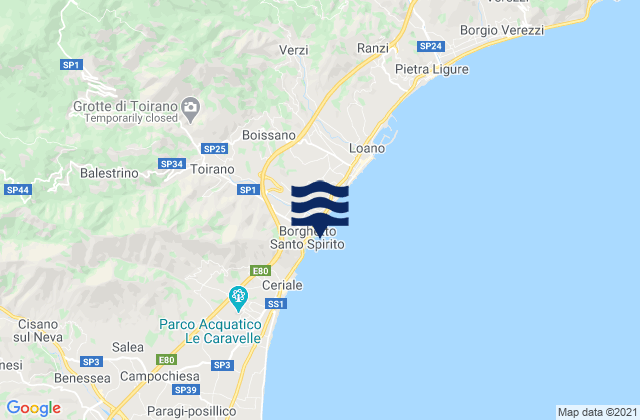 Mapa da tábua de marés em Borghetto Santo Spirito, Italy