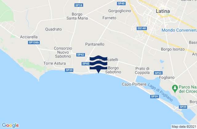 Mapa da tábua de marés em Borgo Sabotino-Foce Verde, Italy