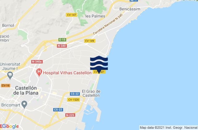 Mapa da tábua de marés em Borriol, Spain
