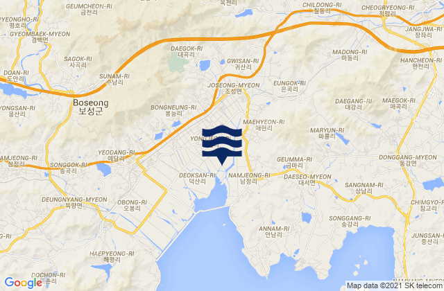Mapa da tábua de marés em Boseong-gun, South Korea