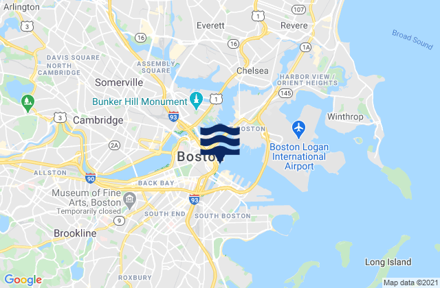 Mapa da tábua de marés em Boston, United States