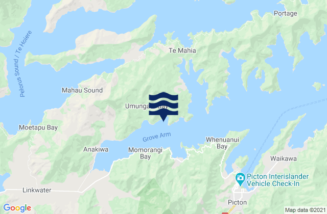 Mapa da tábua de marés em Bottle Bay, New Zealand
