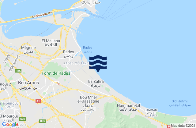 Mapa da tábua de marés em Bou Mhel El Bassatine, Tunisia