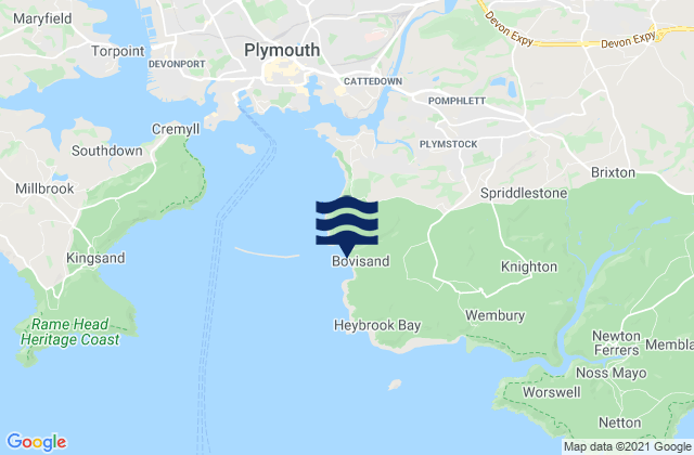 Mapa da tábua de marés em Bovisand Bay Beach, United Kingdom
