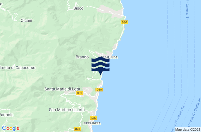 Mapa da tábua de marés em Brando, France