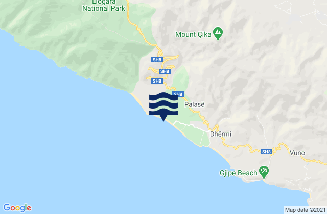 Mapa da tábua de marés em Brataj, Albania