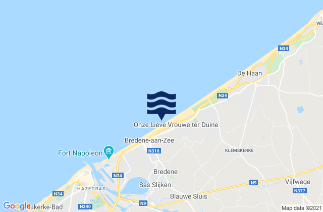 Mapa da tábua de marés em Bredene, Belgium