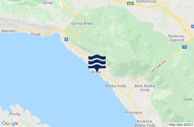 Mapa da tábua de marés em Brela, Croatia