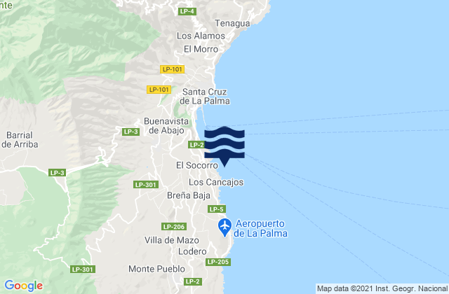 Mapa da tábua de marés em Breña Alta, Spain