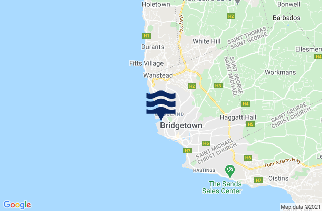 Mapa da tábua de marés em Bridgetown, Barbados