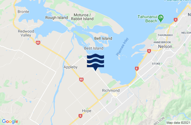 Mapa da tábua de marés em Brightwater, New Zealand