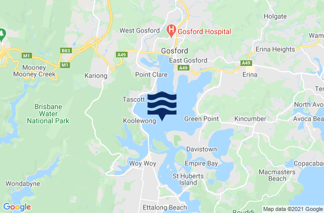 Mapa da tábua de marés em Brisbane Water, Australia