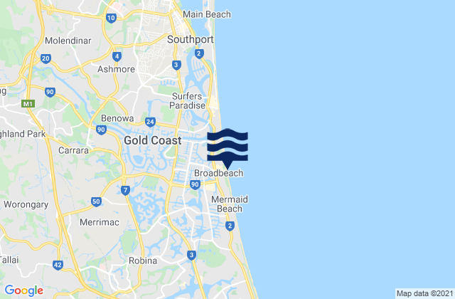 Mapa da tábua de marés em Broadbeach, Australia