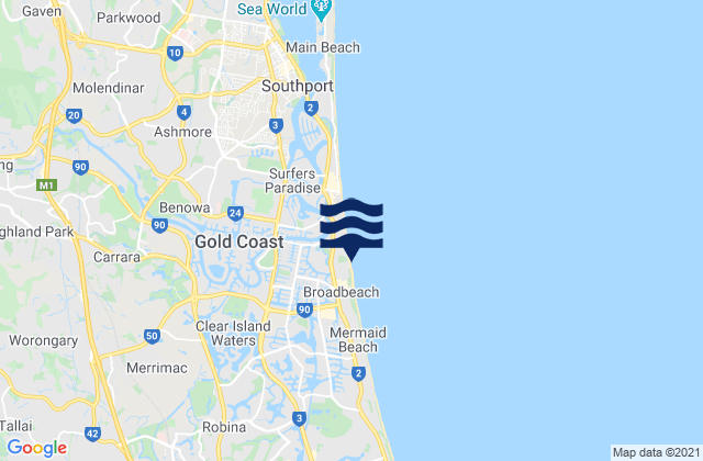 Mapa da tábua de marés em Broadbeach, Australia