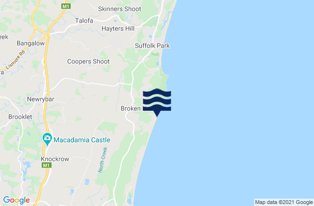 Mapa da tábua de marés em Broken Head, Australia