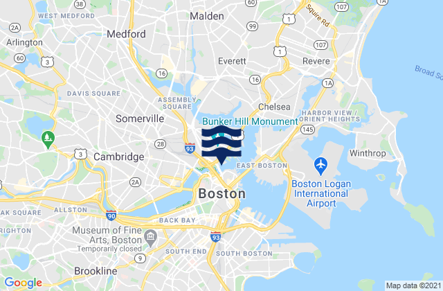 Mapa da tábua de marés em Brookline, United States